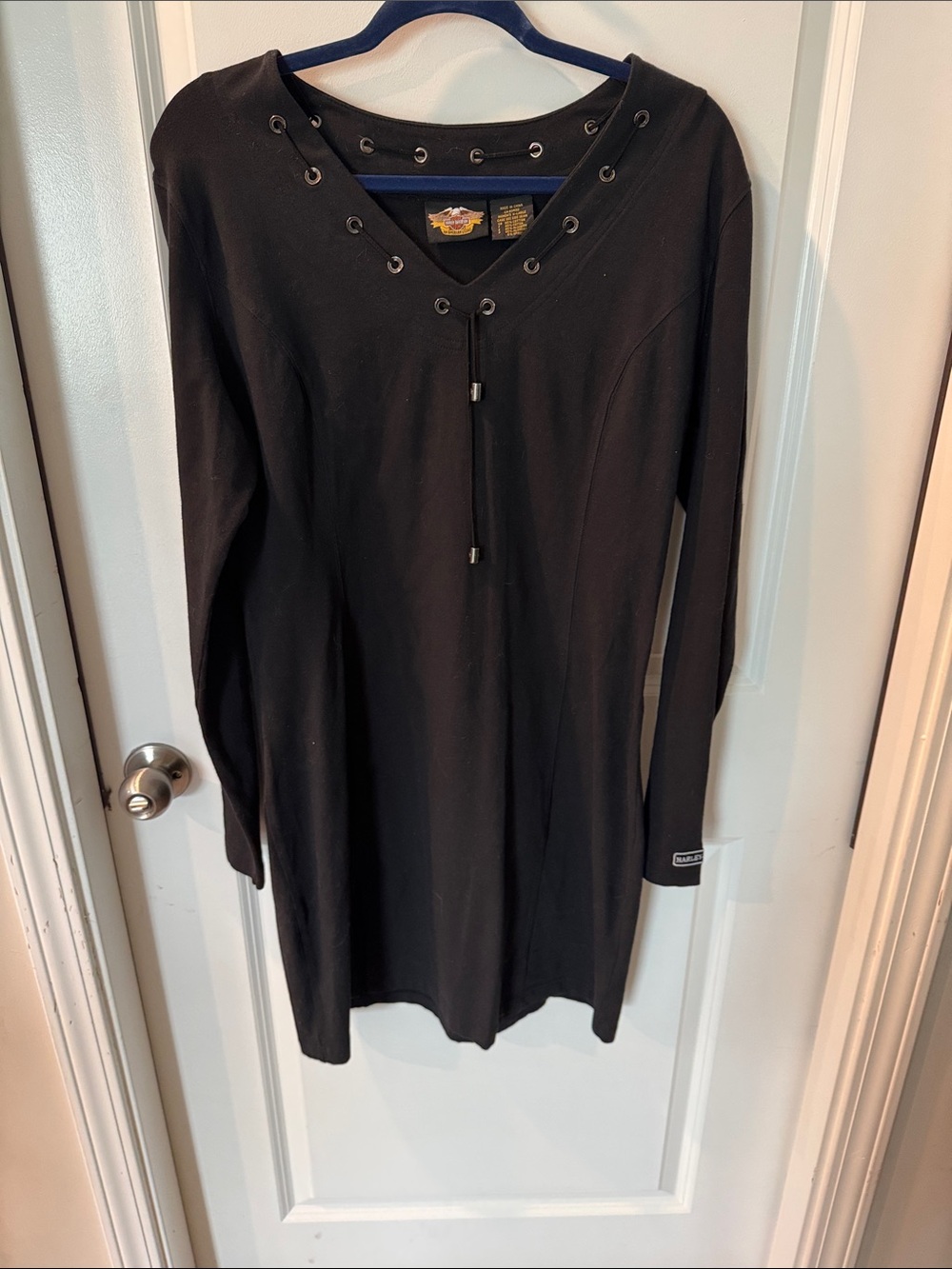 Harley Davidson Black Lace-Up Detail V-Neck Long Sleeve Tunic Dress